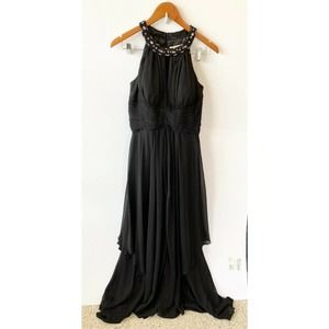 Eliza J Dress Women’s 6 Embellished Tiered Chiffon Halter Gown Black Rhinestones